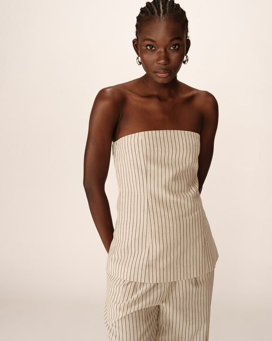 Manille Beige - Bustier rayé en lin mélangé