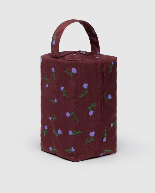 Trousse de toilette debout avec anse, motif floral violet sur fond bourgogne – fermeture zippée