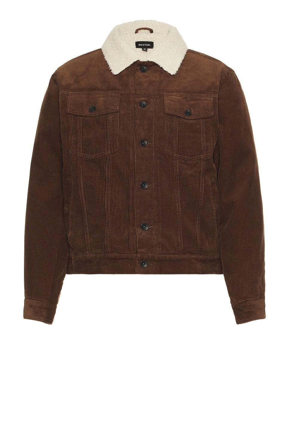 Veste en velours côtelé marron avec col en sherpa blanc.