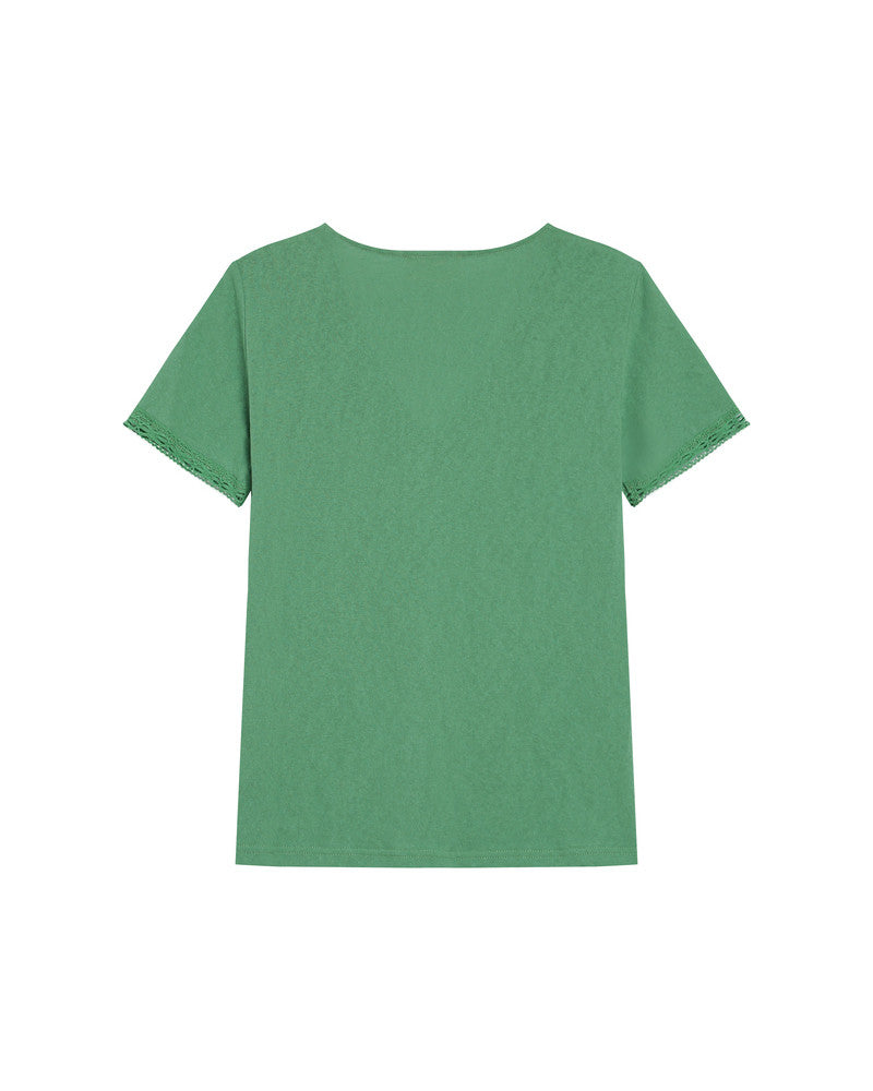 Rome Vert T-shirt Vert Col V Détails Dentelle Féminin