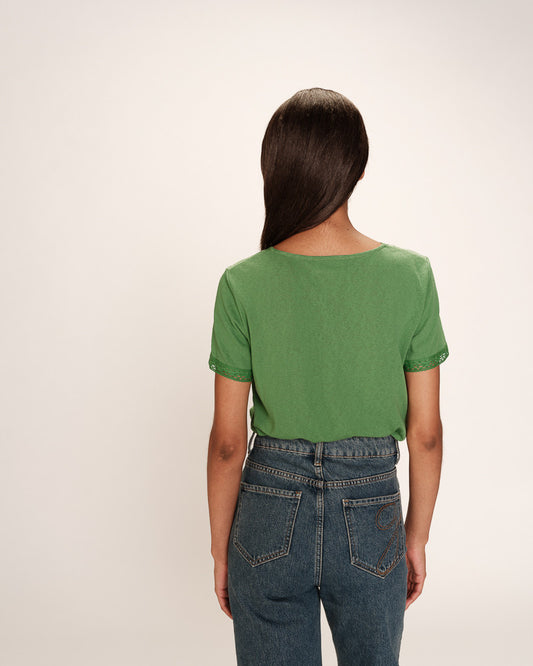 Rome Vert T-shirt Vert Col V Détails Dentelle Féminin