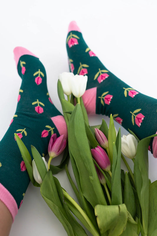 Tulipes chaussettes vert émeraude en coton égyptien