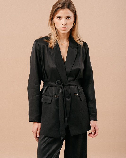 Maryse Noir - Blazer chic long satiné