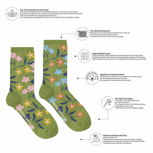 Vignes fleurs chaussettes vert en coton égyptien