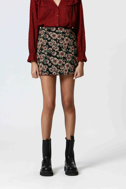 Jupe jacquard noir fleurie