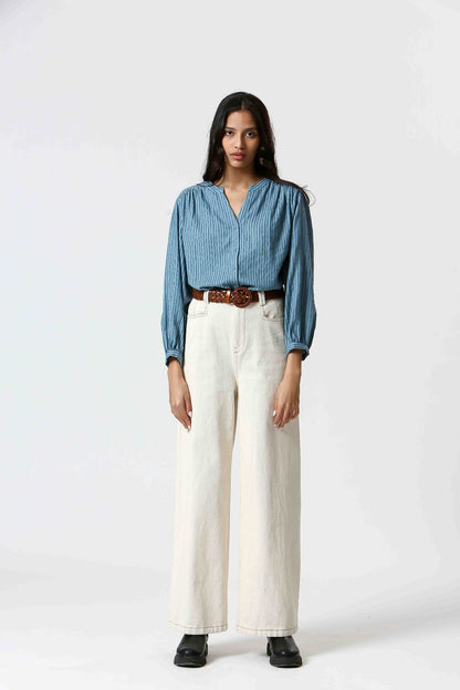 Paula Aqua - Blouse brodée en coton lin