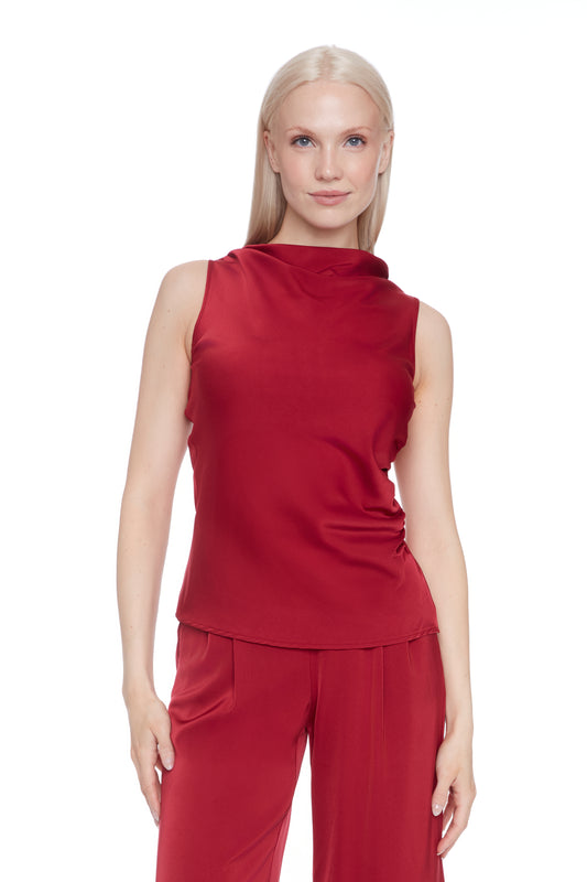 Veronica Rouge Camisole - Haut satiné col tortue sans manches