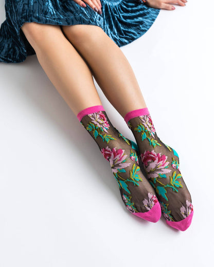 Fleurs roses - Chaussettes transparentes