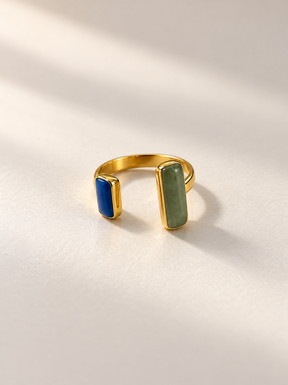 Bague ouverte or - Bague ajustable à pierres bleue et verte en acier inoxydable plaqué or