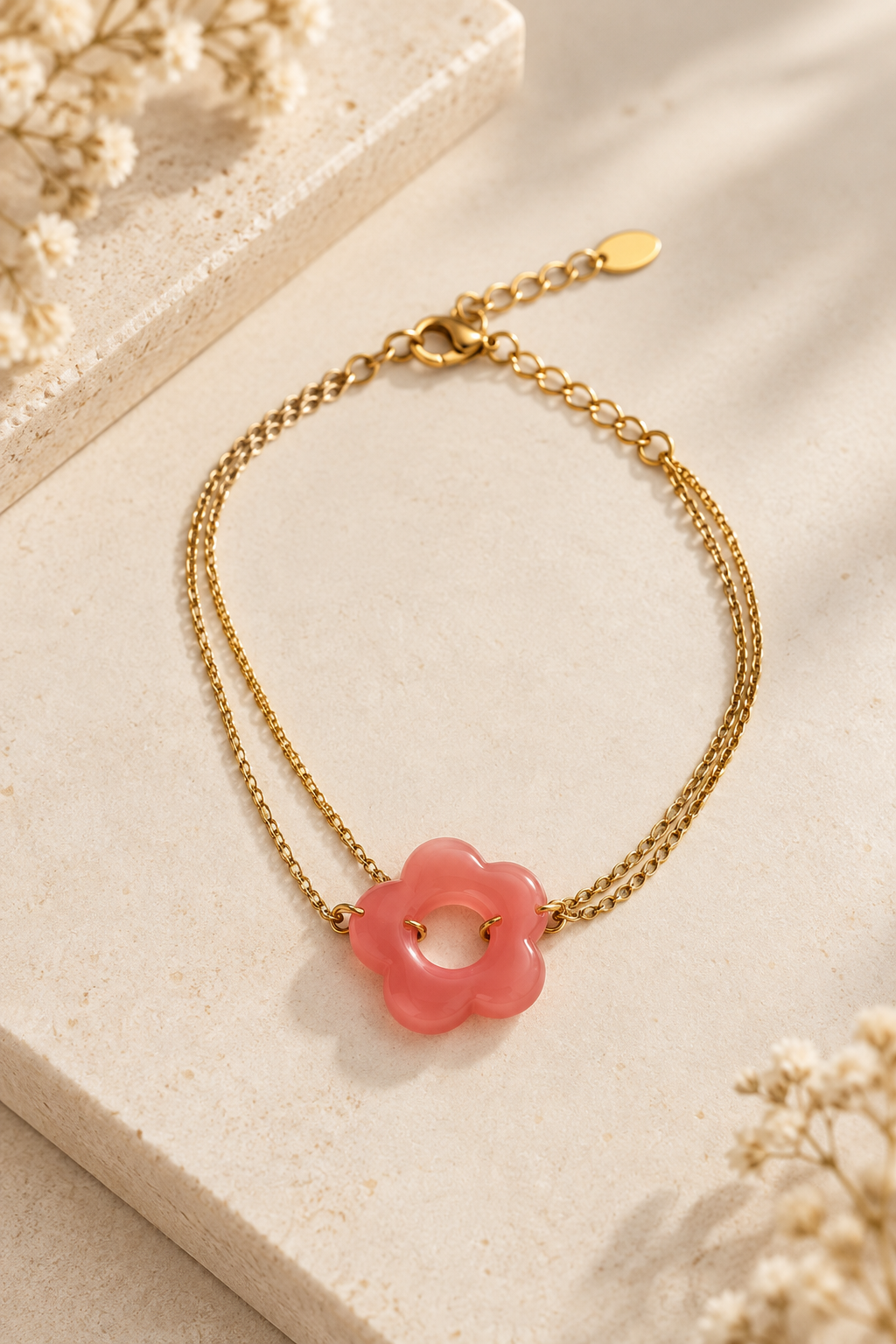 Bloomy or - Bracelet estival à fleur corail en acier inoxydable plaqué or