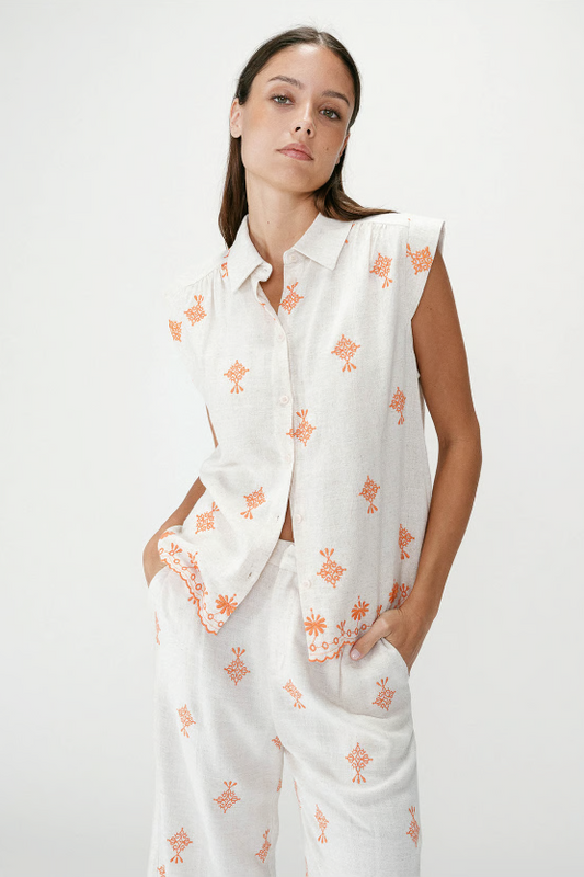 Harmony Orange - Chemise fluide en lin à manches courtes