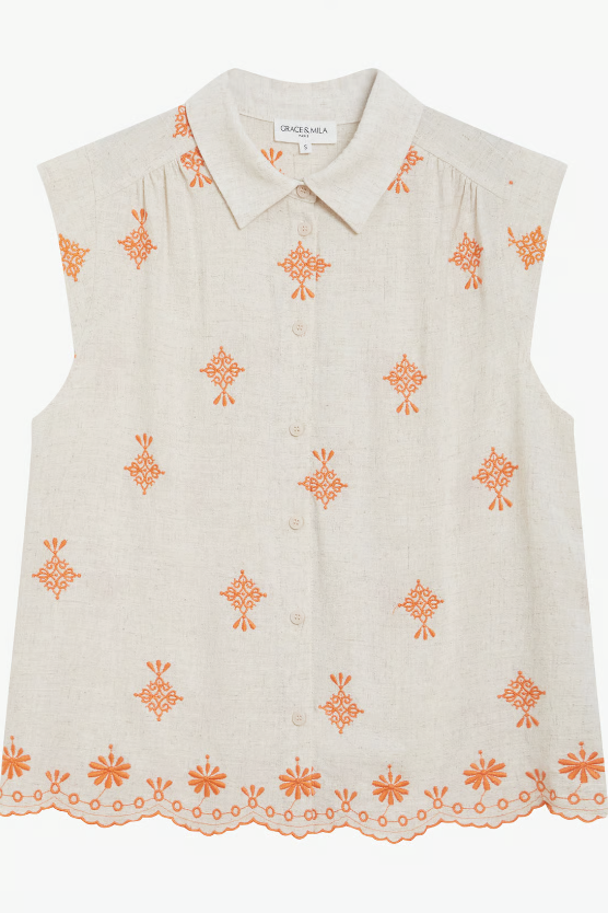 Harmony Orange - Chemise fluide en lin à manches courtes