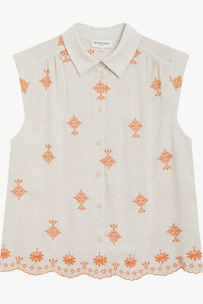 Harmony Orange - Chemise fluide en lin à manches courtes