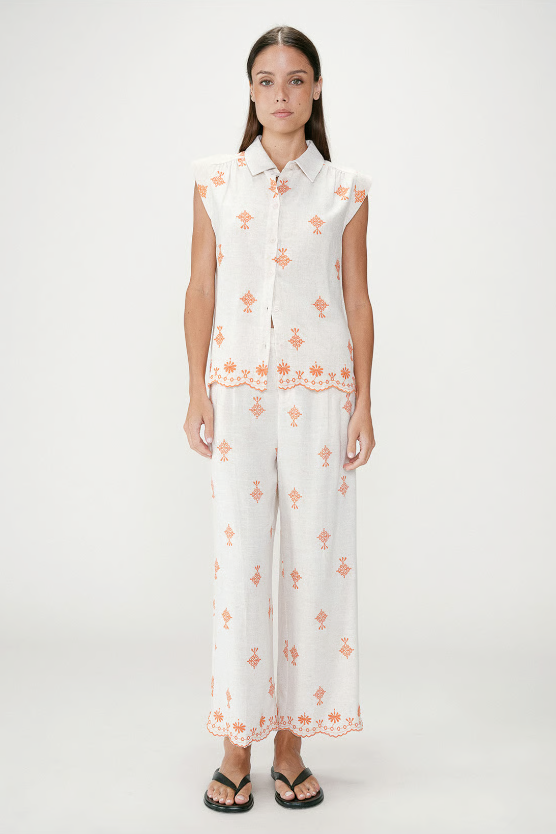Harmony Orange - Chemise fluide en lin à manches courtes