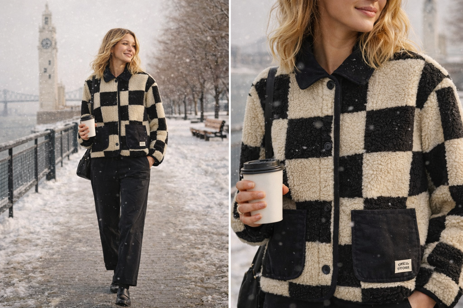 Veste tendance molletonné noir et blanc 