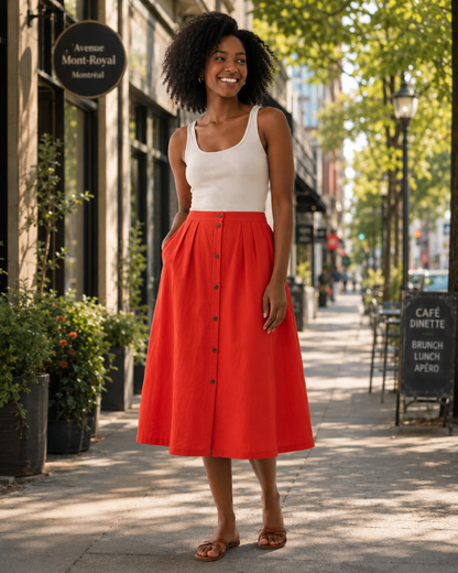 Orchidée Rouge - Jupe midi boutonnée en viscose fluide au style féminin éclatant