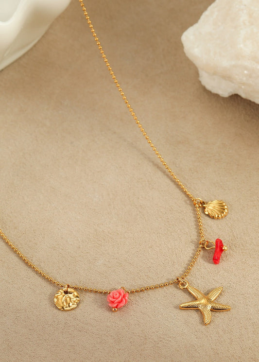 Tulum Collier Acier Inoxydable Doré - Charms Marins Colorés et Coquillages