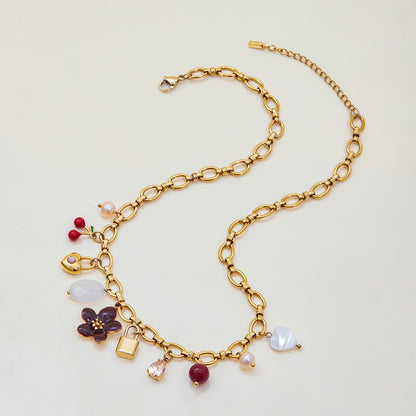 Aura Or - Collier charms cœur, fleur et perles