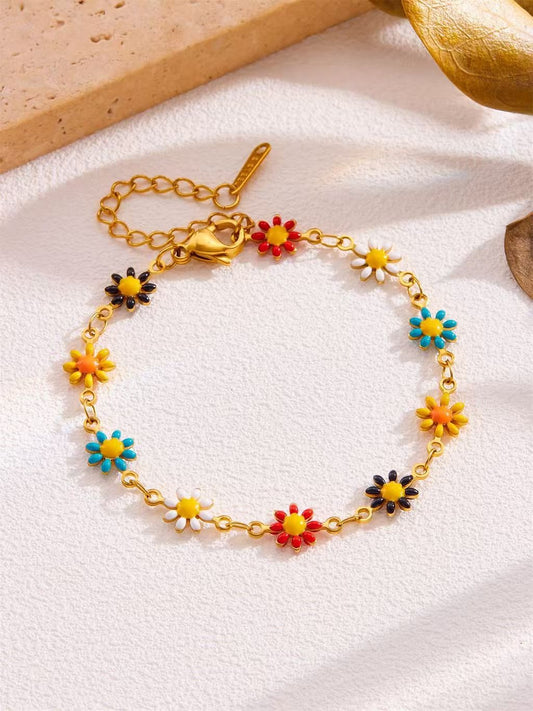 Fleuri Bracelet Or – Petites fleurs émaillées multicolores