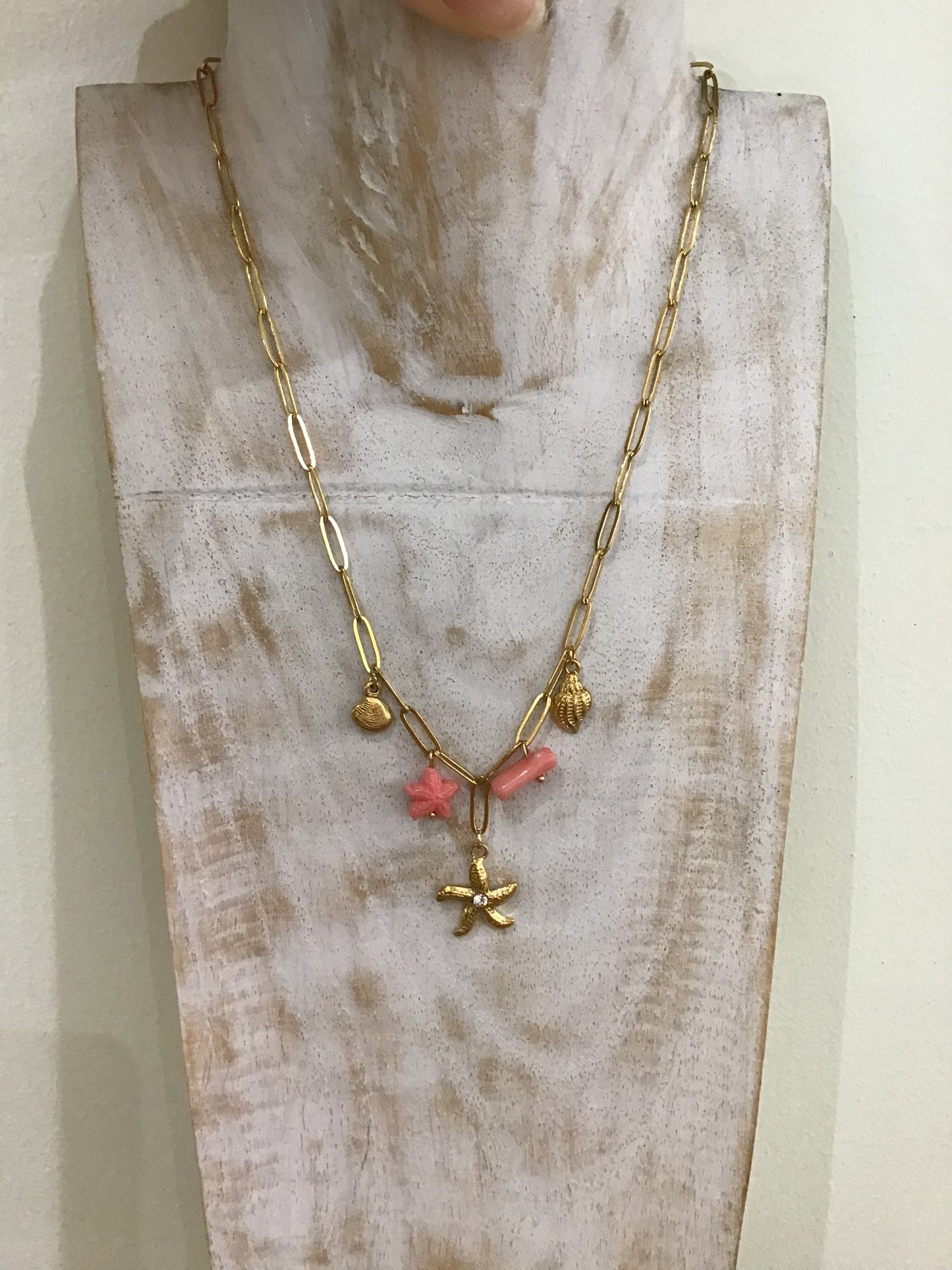 Tulum Collier Acier Inoxydable Doré - Charms Marins Colorés et Coquillages