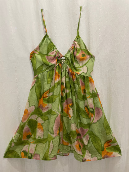 Elia Vert Orange Robe courte à bretelles en viscose imprimé abstrait avec poches