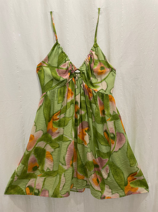 Elia Vert Orange Robe courte à bretelles en viscose imprimé abstrait avec poches