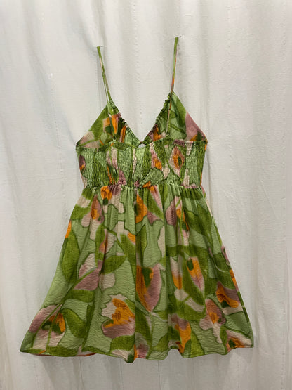 Elia Vert Orange Robe courte à bretelles en viscose imprimé abstrait avec poches