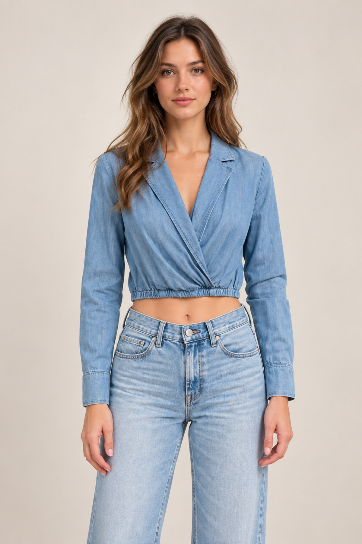 Chemise cache-cœur en denim bleu clair portée de face, avec col chemise, manches longues et coupe féminine.