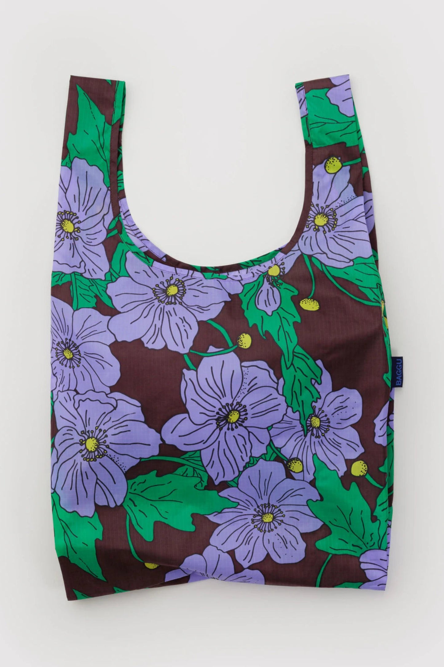 Sac réutilisable Coquelicots ouvert, format cabas, nylon recyclé, motif fleurs mauves.