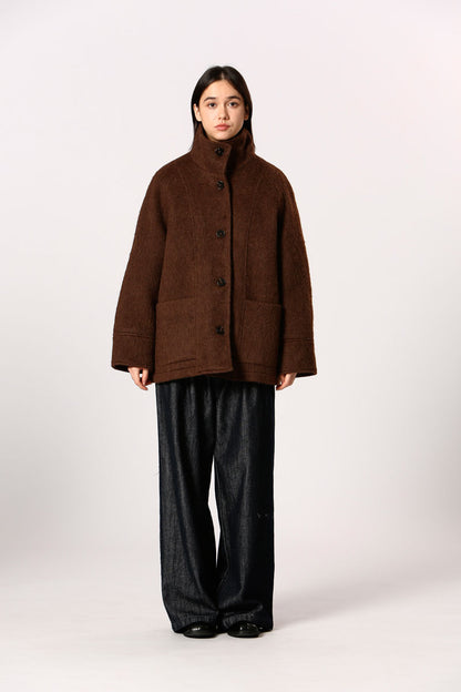 Elodie Marron - Manteau chaude coupe droite avec col montant et poches