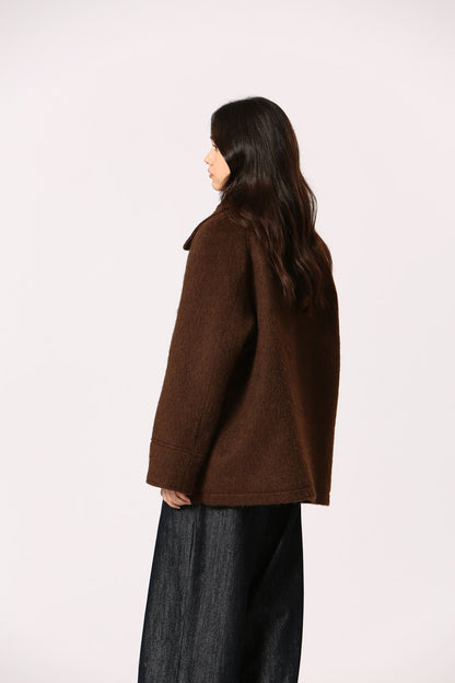 Elodie Marron - Manteau chaude coupe droite avec col montant et poches