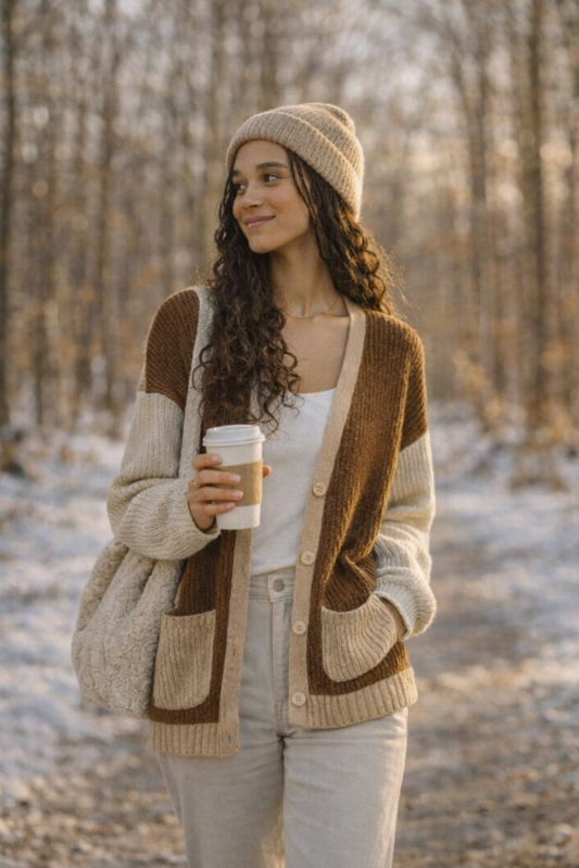 Cardigan tricoté bicolore porté en portrait, look chaleureux et naturel
