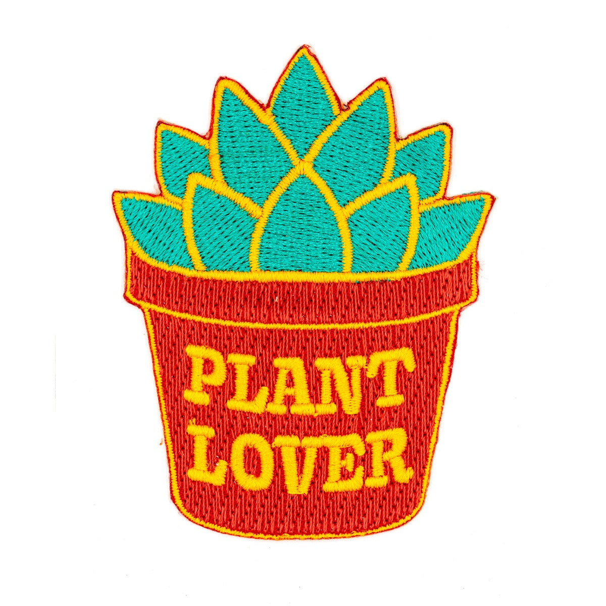 Patch en forme de succulente verte dans un pot rouge sur lequel est écrit en anglais Plant Lover. L’arrière-plan est un fond blanc. 