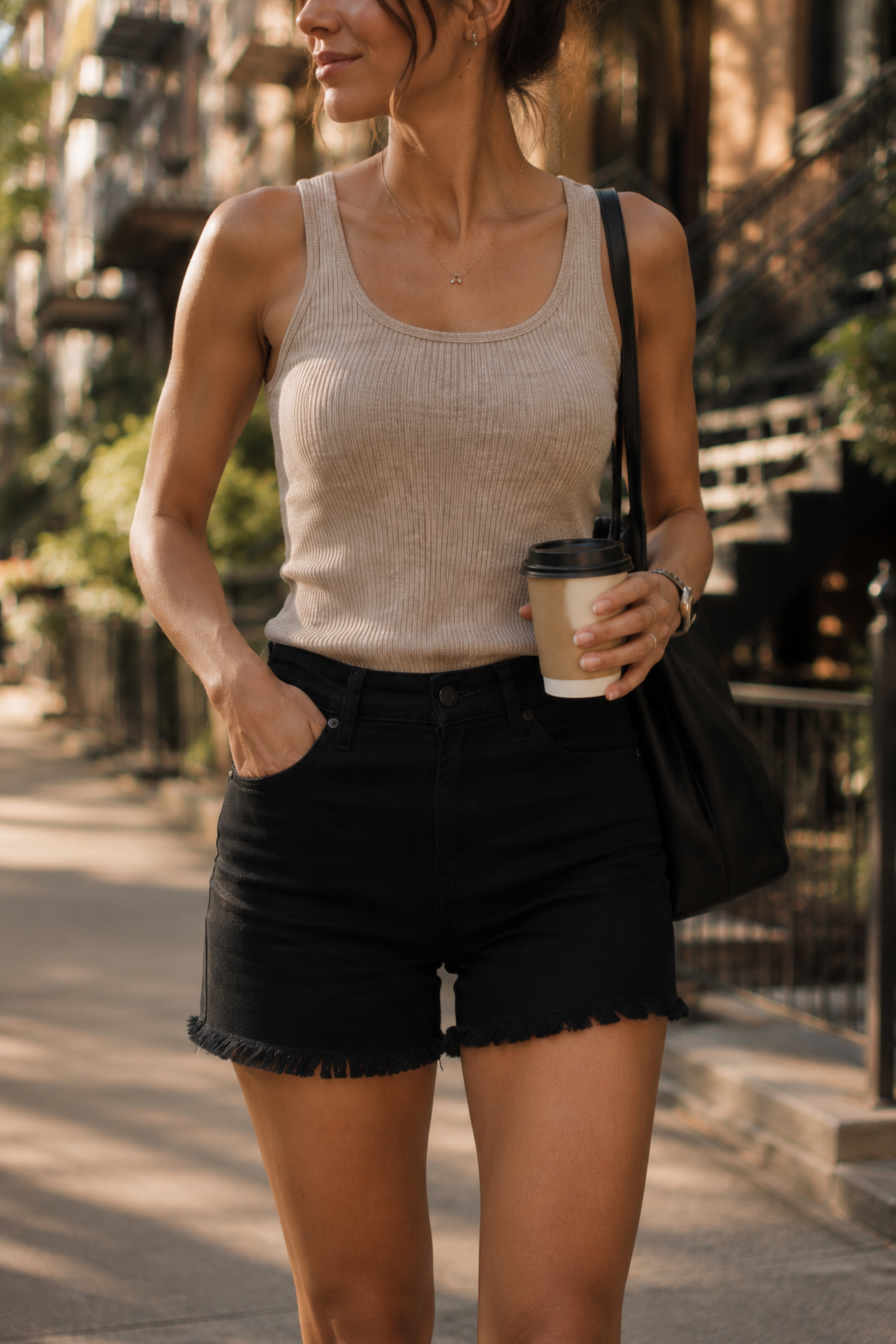 Short Anika Noir en plan rapproché, denim extensible noir avec finition à franges.