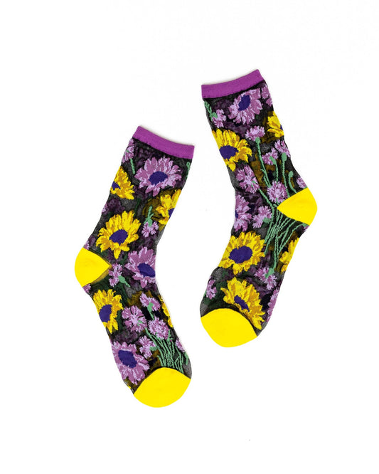 Chaussettes transparentes noires à tournesols colorés