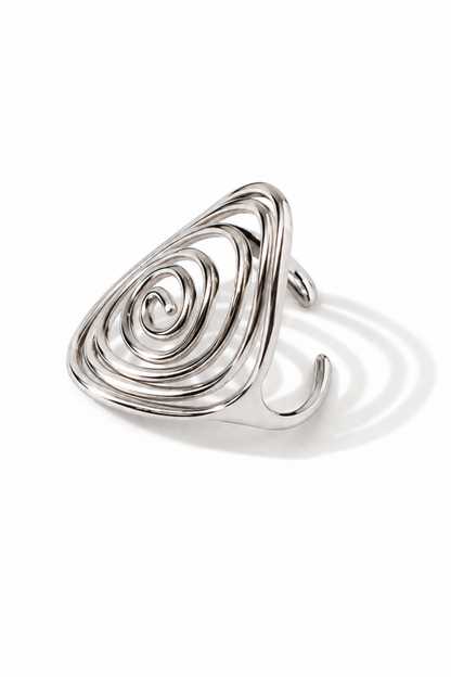 Vue latérale de la bague spirale argentée ajustable en acier inoxydable
