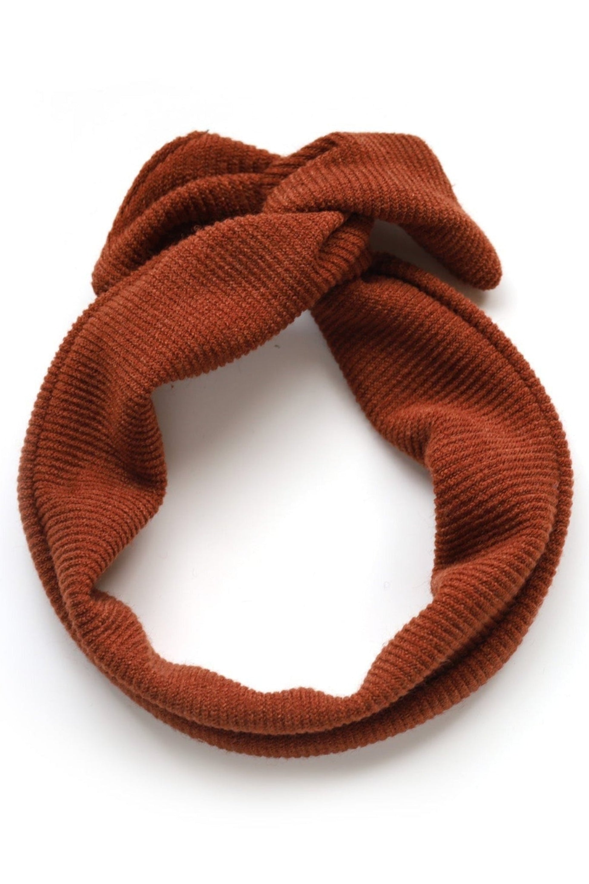 Bandeau torsadé couleur brique avec tige métallique intégrée, en tissu revalorisé