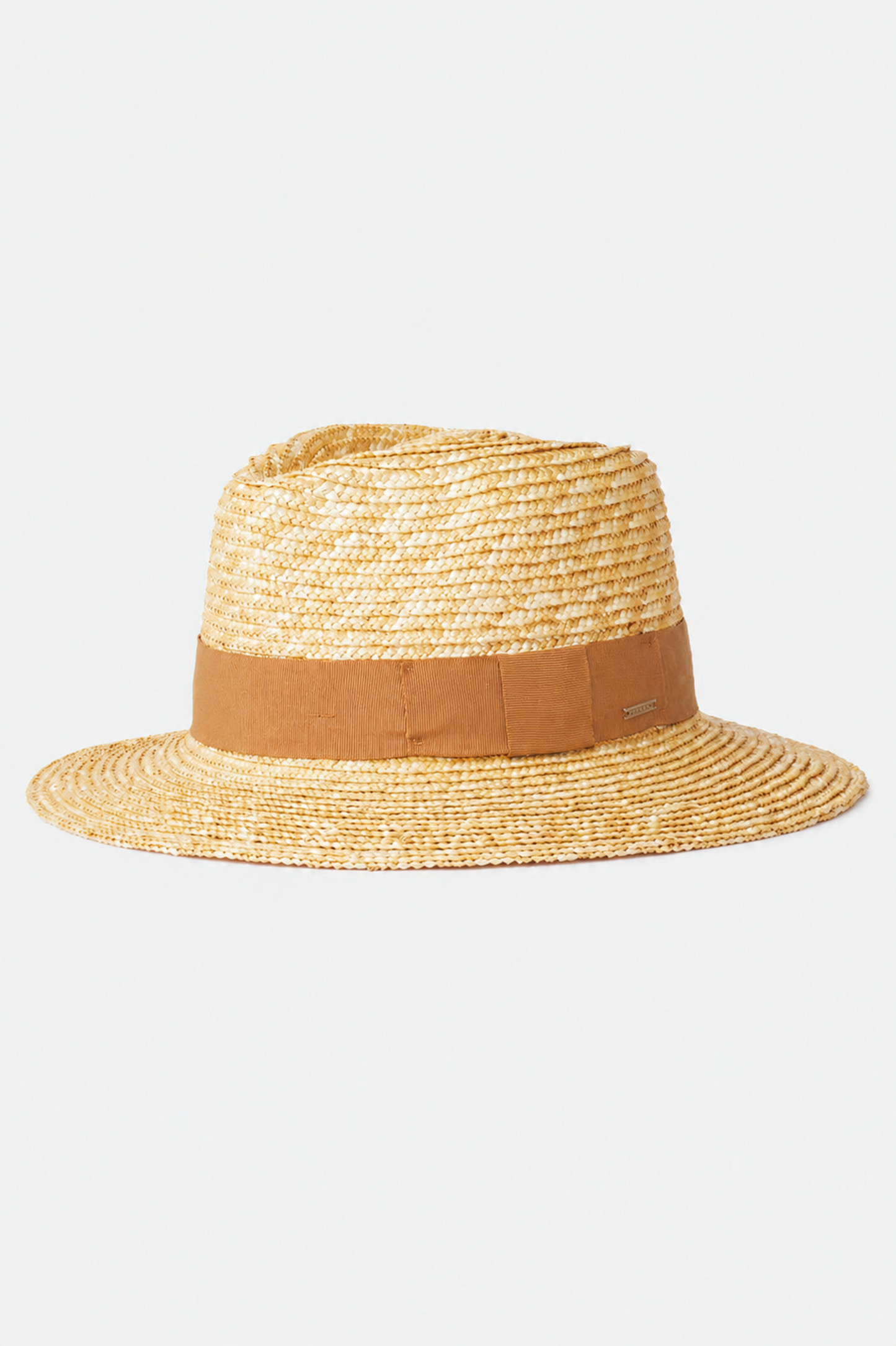 Chapeau Barbara brun en paille naturelle présenté de côté, avec bande brune en gros-grain et bord large protecteur.
