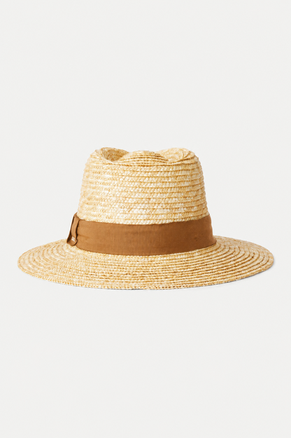 Vue arrière du chapeau Barbara brun en paille naturelle, avec bande brune, bord large et finition soignée.