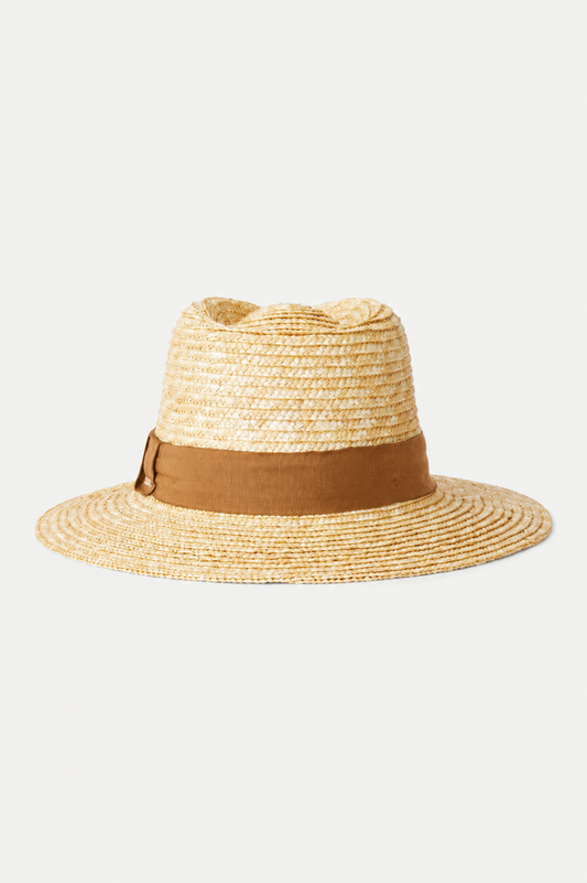 Vue arrière du chapeau Barbara brun en paille naturelle, avec bande brune, bord large et finition soignée.
