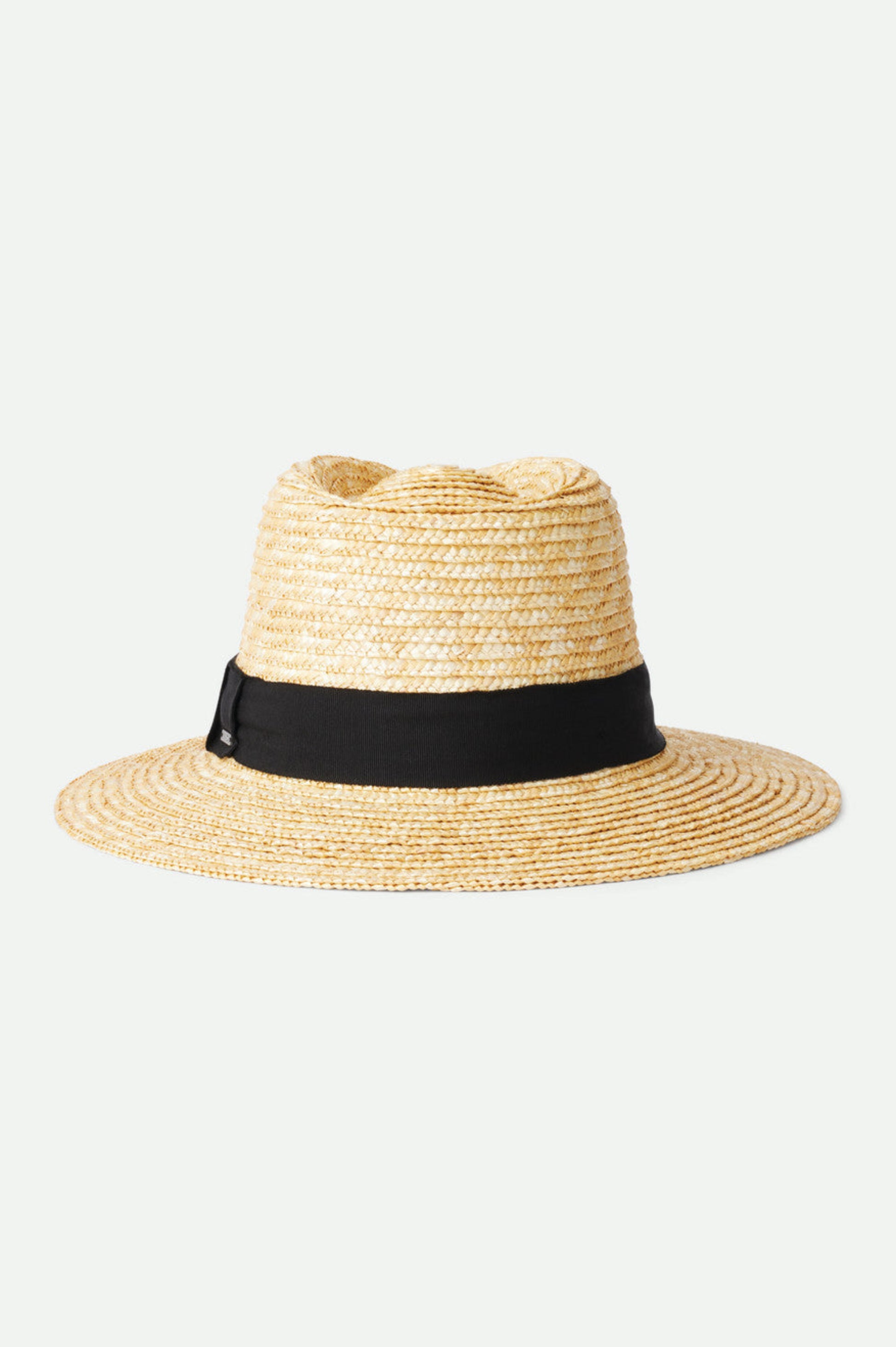 Vue arrière du chapeau Barbara noir en paille naturelle, avec bande noire en gros-grain et finition soignée.
