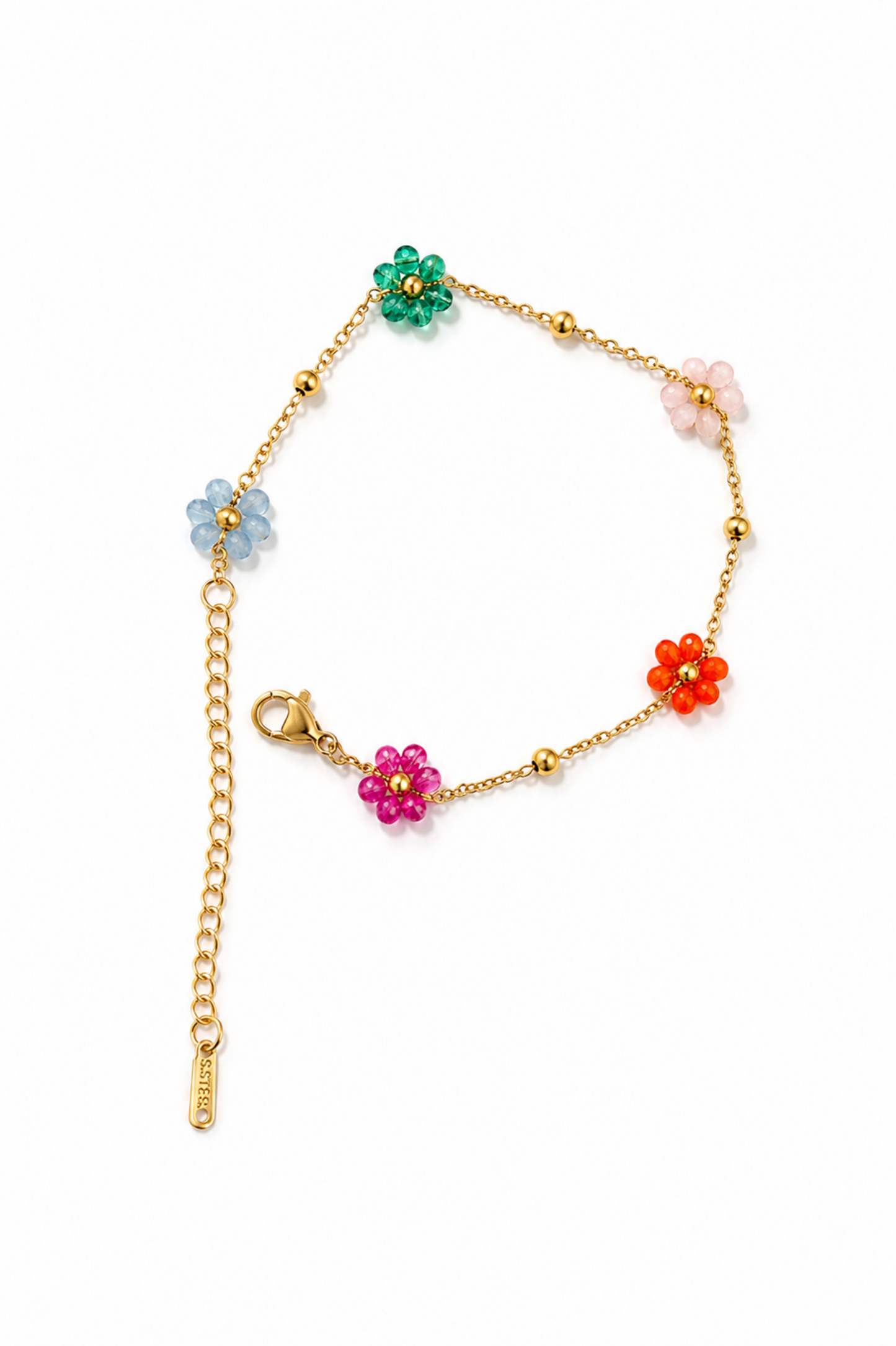 Bracelet en acier inoxydable plaqué or avec petites fleurs colorées translucides