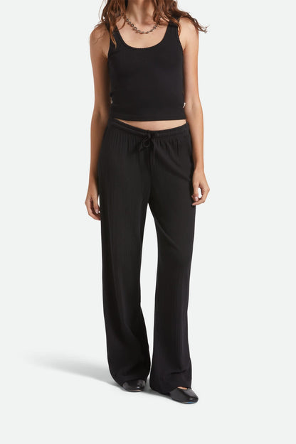 Pantalon pointelle noir Brixton vu de face – taille élastique et cordon de serrage