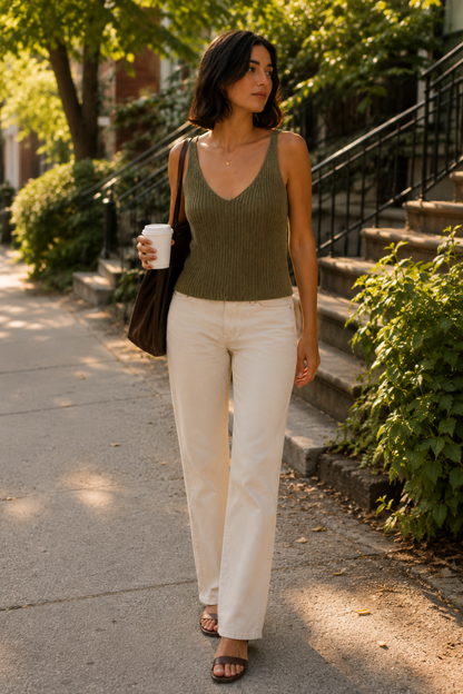 Camisole kaki portée avec pantalon crème en ambiance urbaine, coupe ajustée et style décontracté chic.