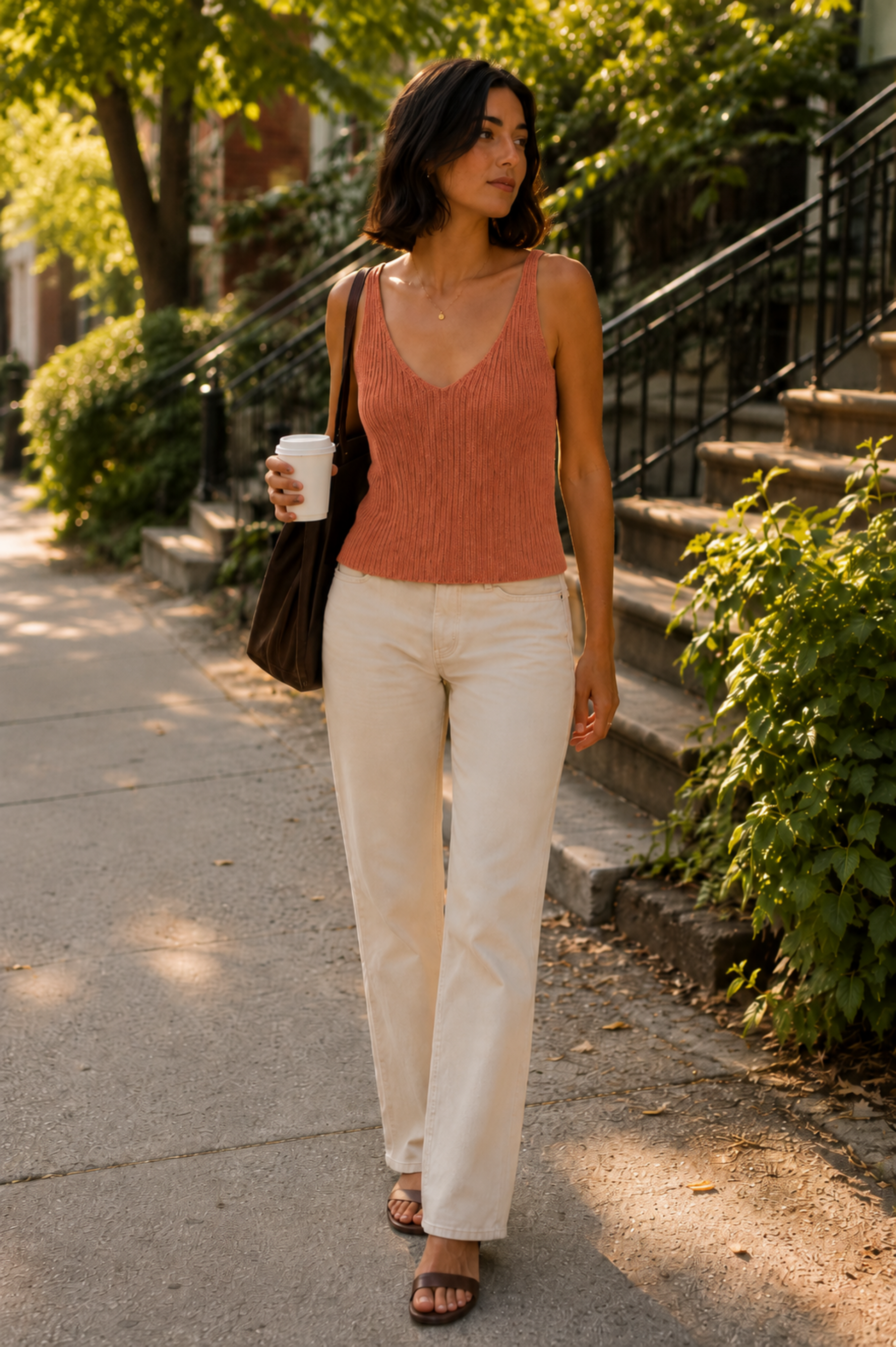Camisole terracotta portée avec pantalon crème en ambiance urbaine, coupe ajustée et style décontracté chic.