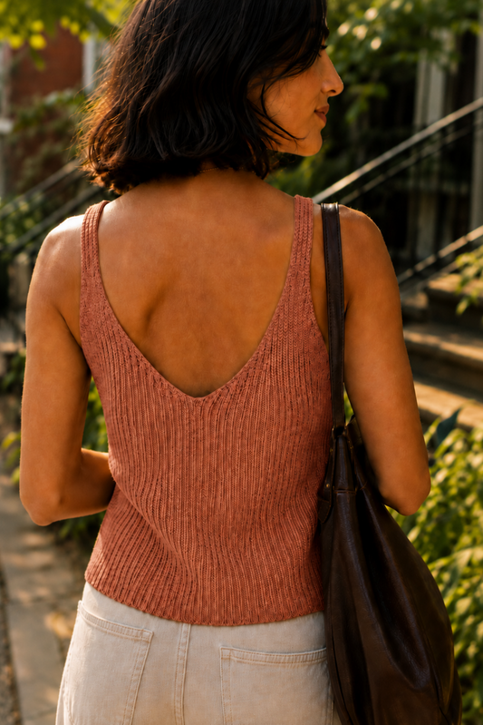 Camisole terracotta portée de dos, encolure en V au dos et texture côtelée.