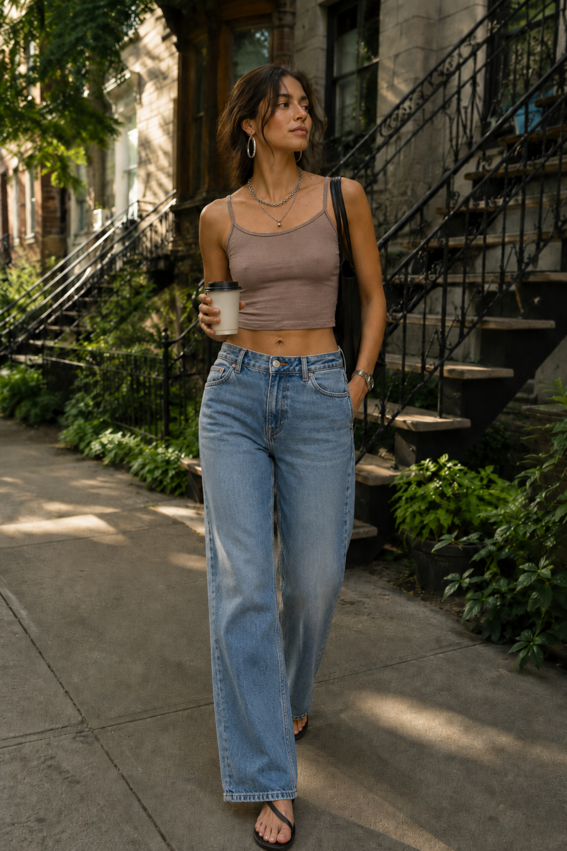 Camisole Capucine rose portée avec jean bleu en ambiance urbaine, tissu doux et coupe courte.