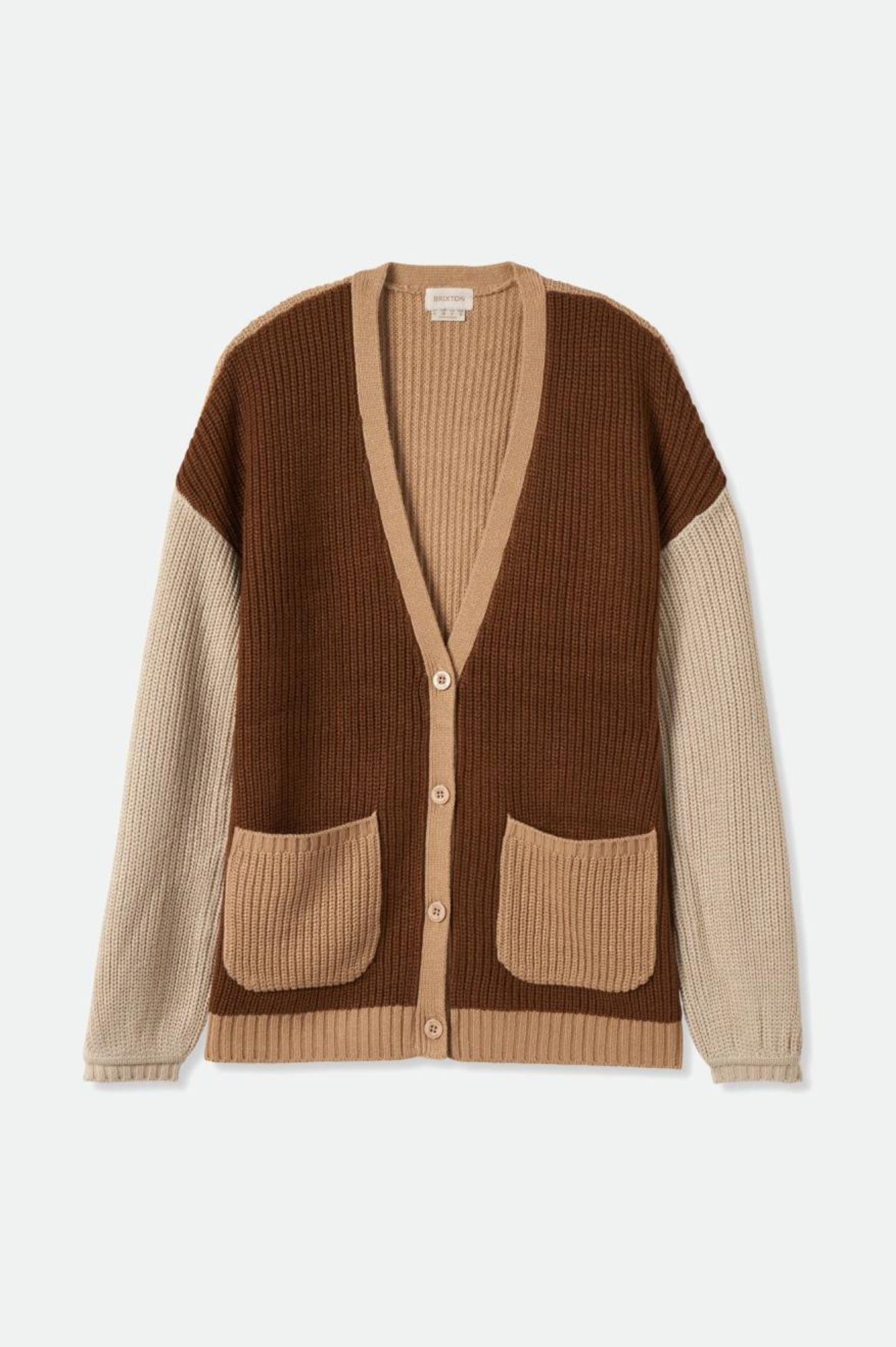 Cardigan long brun et beige en maille tricotee avec poches plaquees devant