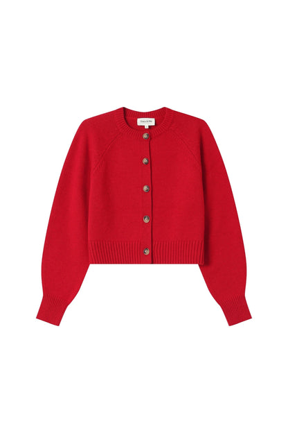 Cardigan Sanders rouge présenté à plat - coupe courte et boutons apparents