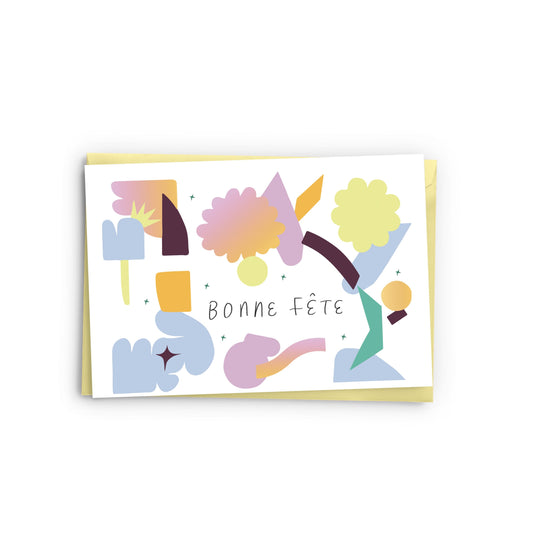 Carte Bonne Fête abstraite aux formes colorées pastel – format 11 x 13 cm avec enveloppe jaune